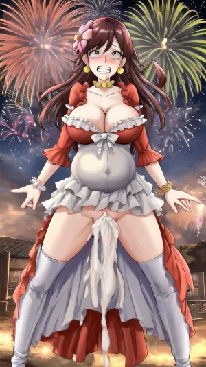 woman, full dress, missionary, vaginal, close, spreading, exposed, scared, expression, clenched, teeth, <lora:scared-expression-v1.8-000005:.5>, cumflation, <lora:Cumflation:.5>, (masterpiece, best, quality:1.2), firework, MaryHunt, hair, flower, frilled, dress, yellow, cleavage, choker, earrings, long, sleeves, <lora:CHAR-MaryHunt:.5>