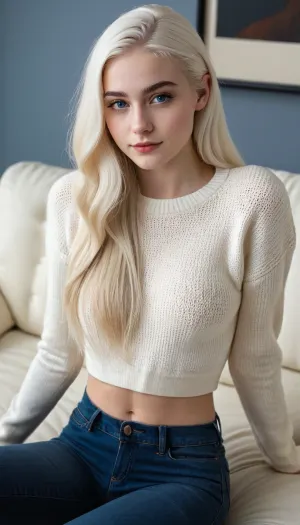 美しい19歳のアメリカ人女性は白いソファーに座り、白いセーターと黒いジーンズを着ています。 まっすぐな毛は細いウエストと長く、波状です、insanelyの詳しい皮の質、最高質の傑作の完全なボディ眺めの映像