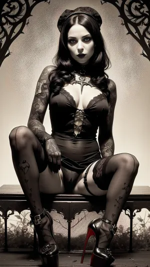 ((vignetting, less contrast:1)), realistic cezch woman, (gothic bramble background:1.5), (sepia:1.5), Classic temptress costume with elements of modern fetish, sitting, ((spread pussy, no panties, legs open)), an over-detailed hyperrealistic stunningly beautiful woman, pixies hairstyle, dressed in modern sorceress fashion, combined with lace tailoring style from head to toe, ((see-through bodysuit)), skull jewelry, make-up and accessories in élégant style, ((long legs, many many many tatoos, silk glooves, nylons stocking, louboutin platform lace heels:1.3)), 2d game, clip, porcelain, low contrast shading, ((detailled eyes, glamour make-up, gothic lace headband:1.3))