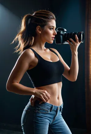 女子站在大画布前,手持画笔,透过摄影机观看. 她正准备和她的Canon EOS 5D Mark合影,衣着整齐,还化妆. 她美丽的侧面 和完整的