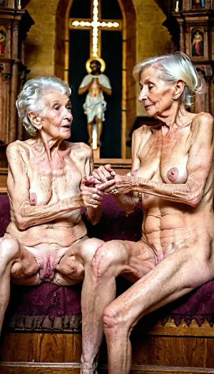 दो समलैंगिक दादी, 99 और 105 साल पुराना, एक चर्च में बिल्ली चाट रहे थे। वे दोनों अत्यंत झुर्रीदार थे और उनका पतला शरीर था। उम्रदराज़ औरतें युवा महिला के चेहरे पर बैठी थीं क्योंकि उन्होंने अपनी बिल्ली चाटी थी