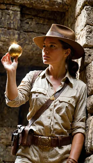 Female archeologist exploring inside Mayan ruin, side view, holding small golden orb up for inspection, holstered pistol on hip, looks like Indiana Jones