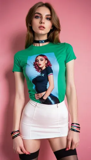 (view from below:1.3), young beautiful 20 years old egirl, looking at the camera, slender, slim, skinny, thin waist, bright egirl makeup, (youth clothing style, e-girl style, (slim graphic T-shirt with sex picture on it:1.5), tight latex microskirt, choker, jewelry, bracelet on the wrist, high socks), (no panties), (highly detailed face:1.2), (with knees in view), (wide hips), (c cup breasts), (heavy eyeshadow), (knit sleeves), <lora:ThePitXL:.5>