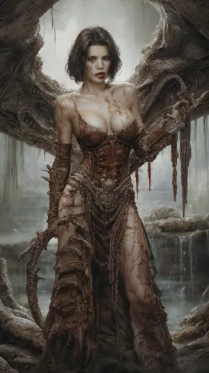 Uma foto ultra-realista de 8k altamente detalhada de um monstro feminino com detalhes gory e alta intensidade, mostrando o domínio do artista de seu ofício