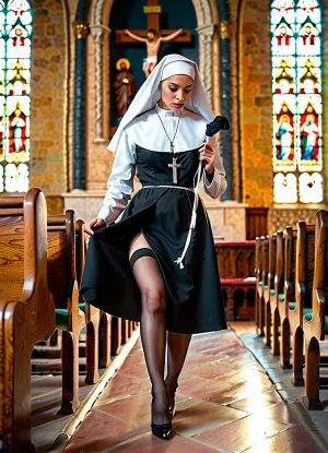 Kilisede bir resim için seksi bir rahip, yüksek topuklar ve sıkı bir elbise giyiyor, uzun saçlarını ve cleavage'ı gösteriyor. Resim mükemmeldi - tüm ihtişamlarında kadınların güzelliğinin mükemmel bir gösterimi