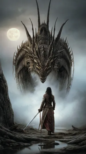 Eine Frau mit einem Schwert beobachtet den Drachen in der Ferne, wie er in intensiven Flammen brennt. Der Drachen ist im Feuer und ist von Nebel und Wolken umgeben. Das Vollmondlicht beleuchtet die dunkle Landschaft, so dass es noch surrealer erscheint. Das Foto