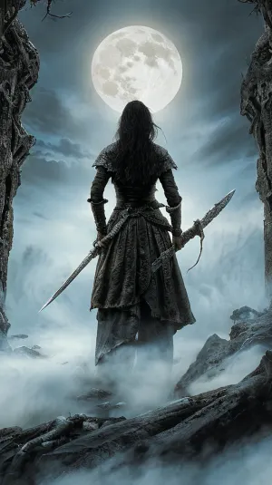 A woman with a sword watches the dragon in the distance, preparing for battle as she walks towards it with an intimidating presence