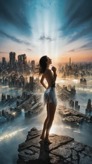 Am Himmel, eine futuristische Stadt am Himmel mit schwimmenden Kristallinseln und leuchten von ultravioletten Licht. Die Beleuchtung ist scharf und klar, mit irisierenden und fluoreszierenden Gammastrahlen schaffen eine Atmosphäre von Intrigen und Romantik