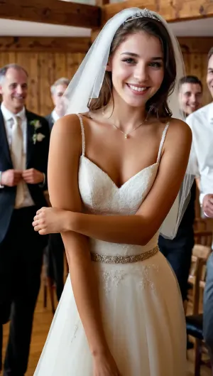 The woman was a college student in her full bridal clothing, ready to start her life as a married woman. She couldn't wait to show off her new outfit and enjoy the attention of all eyes on her. As she walked down the aisle,