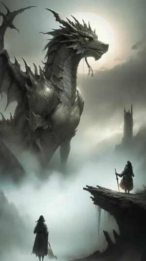 Die Frau mit dem Schwert steht vor dem Drachen, ihre Augen fixierten ihren bösen Blick. Sie weiß, dass sie es besiegen muss, um die Menschheit vor ihrem Zorn zu retten. Mit einem mächtigen Schwung ihres Schwertes schlägt sie im Herzen des Drachen,