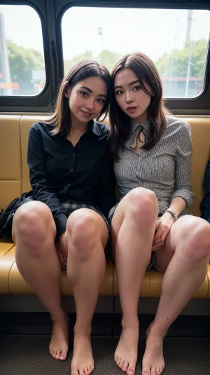 (warm ambient light:.5), (shadows:.1), Masterpiece, top quality, best quality, 8k, highres, ultra-high res, absurdres, ultra-detailed, (realistic:1.1), nostalgia, sharp focus, depth of field, RAW image, taken on a Canon EOS R3, DSLR photo, professional photography, photo-realism, (2girls:1.1), 2 girls, (Ukrainian Japanese Australian girls 18:1.1), ((girls touching each other sexually)), sitcrosslegged, ((girls with legs crossed over one another, sitting on train seat)), beautiful, skinny, dark hair, braided hair, hair down, straight hair, perfect face, (unbuttoned white collared shirt:1.2), (detailed plaid tight mini skirt), (transparent stockings), (fully clothed:1.2), (no panties), (hairy pussy:1.1), (tits:.3), (detailed tits), (detailed skin texture), ((full body in frame:1.4)), feet in frame, ((visible feet:1.3)), (flip flops), low camera view from floor pov, (view from side across aisle), skirtlift, <lora:flat_chest_v2:.7>, <lora:skirtlift-v1:.3>