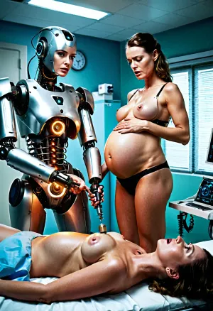 A broca da menina do robô penetra no corpo da mulher grávida, fazendo-a gritar com dor. O departamento médico usa uma ferramenta especial para extrair o bebê de seu útero, mas eles estão chocados com os choques elétricos inesperados que vêm do robô
