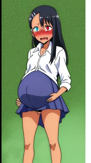 1girl, solo, (((pregnant, upskirt, embarrassed:1.4))), ((heterochromia)), tiny breast, nagatoro hayase, hair ornament, hairclip, (dark skin), black hair, school uniform, cowboy shot, ((perfect female body, narrow waist)), skirt, <lora:Nagatoro_V3-000009:.9>