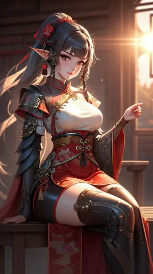 Сгенерированная ИИ картина показывает высокое разрешение, высокое качество и лучший выстрел 4K 1 эльф девушка в кожаных доспехах, сидящих на фоне заката с луком на спине