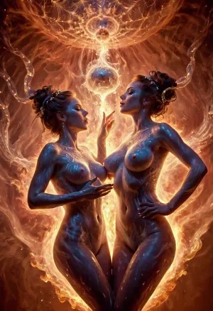 एआई ने दो लड़कियों के चुंबन, जलाने, धूम्रपान से घिरे, स्मोकी से घिरे, आग में स्नान की एक विस्तृत और अच्छी तरह से छूट वाली तस्वीर उत्पन्न की। दो आंकड़े डिजिटल मेकअप पहनते हैं और उच्च गुणवत्ता वाले प्रकाश व्यवस्था के साथ एक चिकना कमरे में प्रस्तुत किए जाते हैं