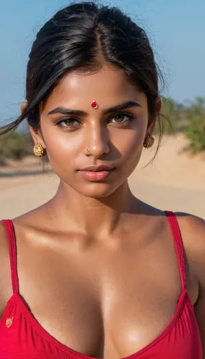 1 girl, Indian, 22yo, heart shaped face, wide almond shaped eyes, thin cupid bow shaped lips, pointy nose, black hair, medium tone skin, no makeup, small bindi on forehead, medium size boobs, pointy nipple, slander body, 3/4 close-up, full body view, day light, realistic photo, award winning photo, dslr, 8k, pulld