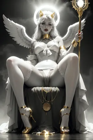 AIは、彼女の写真の金の要素を持つ超現実的に美しい女性を生成し、金色のスセプターを保持し、金色のアクセサリーで上品な超現実的な美しい女性服を着ています。 2Dゲームスタイルテキストを持っていた