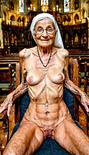 Very old granny, 90 years old, extremely skinny, ribs showing, wrinkly saggy skin, loose flat tits, empty hanging wrinkled breasts, pierced nipples, wrinkles on entire body, detailed face, church, cathedral, glasses, nun, wide open pussy, legs spread wide apart in the air, sitting on chair, feet in the air, cross necklace, shaved pussy, smiling, full body