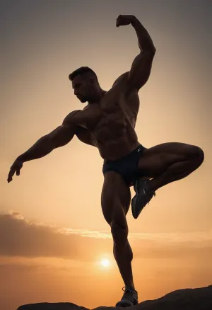 (subtle and muted colors:1.3), (highly detailed silhouette:1.4), (inspirational and powerful atmosphere:1.5), (male bodybuilder silhouette:1.5), (Nike ad style:1.3), (soft, dramatic lighting with gentle gradients:1.4), (bodybuilder in a strong, dynamic pose:1.4), (minimalist motivational tagline or slogan subtly integrated:1.3), (modern and sleek background with abstract or subtle athletic elements:1.3), (clean and refined design:1.2), (cool and muted color palette with emphasis on form and strength:1.3), (ultra-sharp focus on the silhouette and text:1.2)