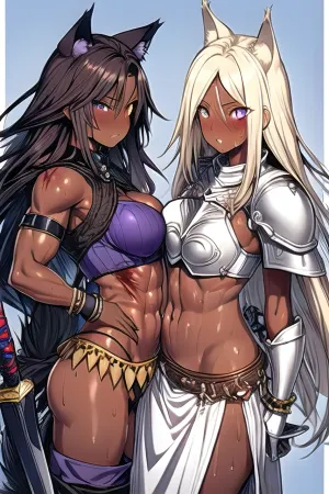 La ragazza del lupo era un guerriero feroce con lunghe cicatrici profonde nello stomaco e sul corpo, sudorazione, capelli lunghi, pelle marrone scuro, tono della pelle ebano. Indossava un'armatura fantasy più argilla e portava una spada del lagoarmor come