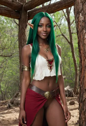 एआई ने सही हाथों और अंधेरे त्वचा के साथ एक मिड्रिफ-बारिंग एल्फ की तस्वीर के लिए पाठ तैयार किया था: "द ग्रीन हेयर्ड एल्फ दर्शकों पर मुस्कुराते हुए, उसे लंबे बाहों और संकीर्ण कंधे दिखा। वह एक तूफानी कपड़े पोशाक पहने