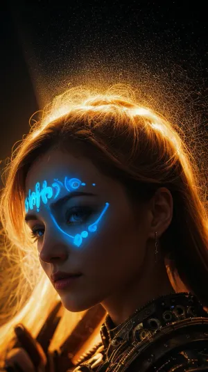 Floresan aydınlatmalı bir kadın, iridescent ışıltılı ve vücudundaki ayrıntılı desenler derin iyi kenarlar ve geometrik desenlerle gerçek bir futuristik atmosfer yaratır. Işık kaynakları, LED arka ışığı olarak gizemli bir atmosfer yaratıyor