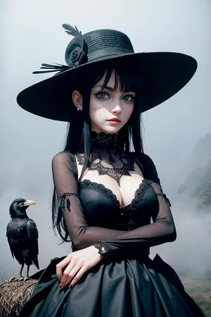 18 years old goth-girl, anorexia, very thin, very thin waist, best quality, ultra-detailed, masterpiece, finely detail, highres, highly detailed face, highly detailed large eyes, 8k wallpaper, (in full height:1.8), little breasts, scarecrow, in a straw hat, (against the background of fog:1.5), (raven sits on the hat:1.5), (arms spread apart:1.5), eyes glowing green