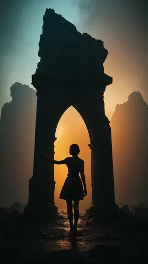 The woman in the center of the image is surrounded by glowing light and strange creatures, creating an intense atmosphere of intrigue and horror. The lighting is sharp and detailed, creating a sense of movement and energy throughout the scene. The colors are vibrant and