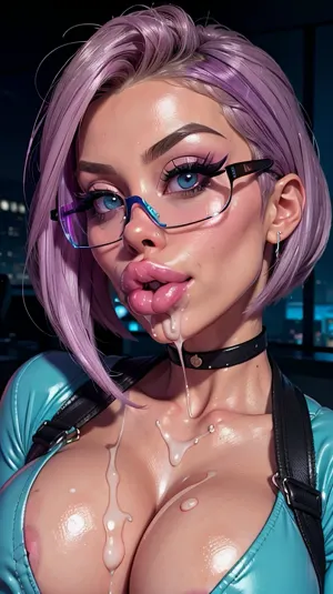 图片中的女人拥有高质量的AI制作的色情图片,带有巨大的假皮,高细的面容,以及bimbo发型. 她的右耳戴着紫色的毛皮和蓝色的风琴夹克. 她的双唇