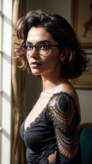 ((Masterpiece)), ((highest resolution)), a beautiful Pakistani woman, ((detailed skin texture)), freckles, ((high detail face)), glasses, no makeup, black curly hair, seductive smile, (partially transparent, (colourful), lacy high detail plunging bodycon bodysuit), (realistic photo), (best quality), (very high detail), shot on a Canon EOS R5, 50mm lens, F/2.8, HDR, (8k), (wallpaper), (cinematic lighting), (dramatic lighting), (sharp focus), (intricate details), RAW photo, posing for camera, 8k uhd, high quality, film grain, by Craig Morey, from behind, deep1ka, <lora:dp_lora:.5>