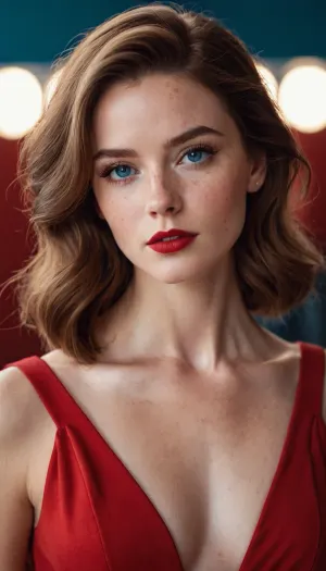 Bir sinematik cilt dokusu hala kırmızı bir ruj ve mavi bir göz gölgesi, mükemmel bir stil, kısa saçlar, mavi gözler, sadece izleyiciye bakmak. Film tahıl dokusu derin ve gerçekçi. Film tahıl dokusu keskindir