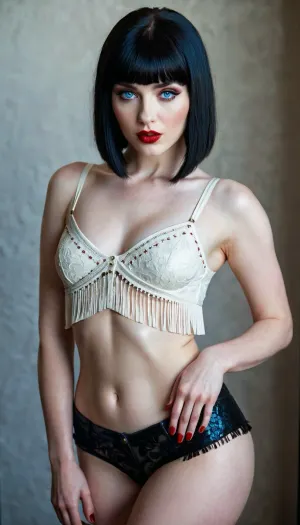 彼女の20代の女性、スリムな太もも、広いヒップ、淡い肌、青い目と赤い口紅、彼女のキーボードで離れてタイプ彼女のコンピュータの前に座っています。 肩の下やフリンジのすぐ下に落ちたストレートヘア