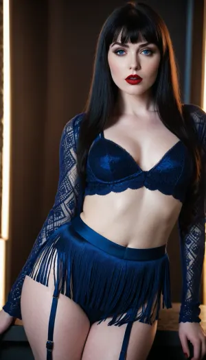 woman, 20s, slim, thick thighs, wide hips, pale skin, blue eyes, red lipstick, black straight hair, fringe, dark makeup, eyeliner