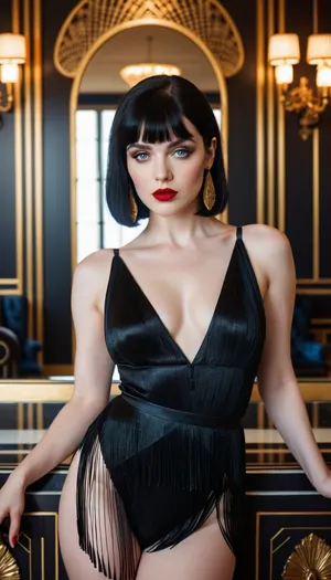 A woman in a tight corset and leather pants poses seductively for the camera, with her slim figure accentuated by her wide hips and thick thighs. Her skin is pale and smooth, with natural red lipstick on her lips. She stands