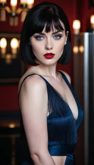 The woman in the picture is a 20s slim, with wide hips and pale skin. She has thick thighs, a narrow waist, and wide hips. Her fringe is black straight hair that frames her face perfectly. Her blue eyes are dark and make