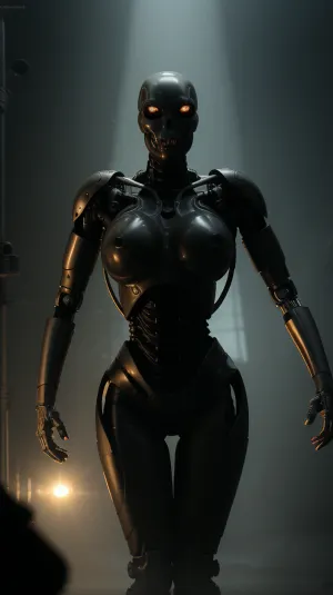 The woman's body is covered in iridescent and glowing light, creating an ethereal atmosphere. Her movements are fluid and graceful, adding to the surreal futuristic scene. The lighting adds to the overall mood of intrigue and mystery, height