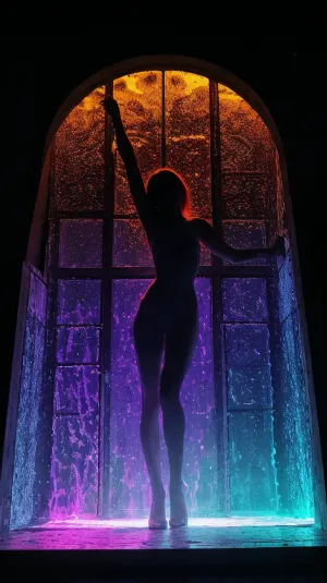 The young witches gather around a glowing altar, their faces painted to resemble demons or angels. They are dressed in elaborate costumes and make-up, with their faces painted to resemble demons or angels. The room is dimly lit by flickering candles