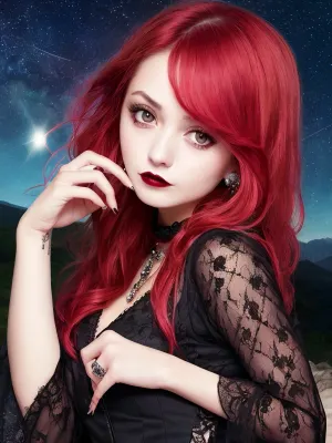La goth punk ragazza con occhi bellissimi e coda di cavallo si trovava davanti alla campana del tempio, i suoi lunghi capelli che soffiano nel vento. Indossava un vestito nero con finiture rosse e orecchini che brillavano al chiaro di luna. Le sue labbra erano dipinte