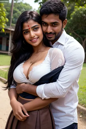 印度女孩穿着紧身裙和袖子满满的棕色皮肤部落衬衫,而在校男孩则穿着校服. 他们都站在对方的微笑, 浪漫的场景被设定在乡村女孩的小屋前