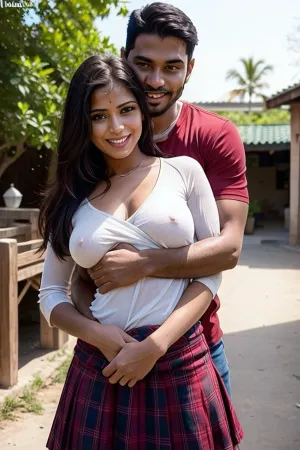 印度女学生和部落男人在对方的怀抱中迷路了,男人紧紧抱着她,微笑着浪漫的眼睛