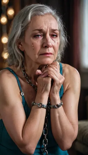 老妇人坐在椅子上,眼泪流下,看着自己的照片。 她穿着漂亮的衣服,但很明显她经历了很多。 她的电影全长照片