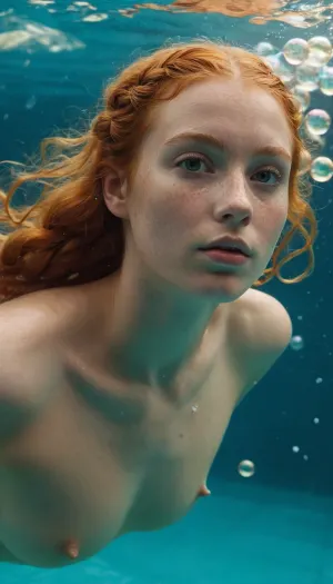 Une jeune femme de 18 ans, aux longues jambes et aux rousseurs, plongeait sous l'eau dans le nu. Elle avait de longs cheveux roux qui l'ont encastrée dans le dos et un visage couvert de bulles. Son corps était parfait pour nager sous l'eau, avec