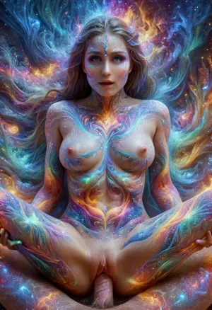A shot from above of a naked woman getting fucked on her back, astral backdrop, auroral background, ((astral patterns on her skin, fractals projected over her entire body:1.4)), ((astral patterns on her skin, fractals projected over her legs:1.4)), ((astral patterns on her skin, fractals projected over her neck:1.4)), ((astral patterns on her skin, fractals projected over her arms:1.4)), (naked female body:1.4), (painted body:1.4), ((draped in silk)), fingering herself, from above, she lays in a pile of loose colorful silken tendrils which wrap her body, (psychedelic patterns), magic mushrooms, (wrapped in fire:1.3), ((colorful)), ((breasts exposed:1.4), ((VAGINA:1.4)), voluptuous naked women's body immersed in a bay of colorful silken strands, (hands on breasts:1.4), round, unreal image, ((DMT GODDESS)), her body blends with the colorful background, (body blended with backdrop:1.4), ((slender wisps of colored tendrils spill from the backdrop around her body and wrap around her breasts squeezing them gently:1.4)), (highly detailed breasts), (perfect shadow detail), ((WIDE HIPS)), (PERFECT BODY:1.4), perfect detail, woven in silk, ((wide hips:1.4)), (narrow waist:1.4), ((large breasts:1.4)), ((she smiles seductively)), (Playful eyes:1.4), realistic anatomy, (toned muscular structure:1.2), her skin is patterned with glowing tattoos, glowing skin, colored skin, Lovecraftian beauty, slender neck, (dappled with moisture:1.2), large breasts, detailed eyes, (perfect eyes), perfect shadow, detailed shadow, detailed body, (perfect body:1.4), .), xyzgg, body, paint, face, psychedelicai, fire, element, composed, of, elements, faize, rainbow, highlights, blacklight, makeup, bioluminescent, dress, <lora:psychedelicai-SDXL:.5>, <lora:xl-shanbailing-1003fire-000010:.5>, <lora:faize-sdxl:.5>, <lora:SDXL_rainbow_highlights_Sa_May_V2:.5>, <lora:blacklight_makeup_v2:.5>, pm1s, girl, pov, penis, <lora:pm1s:.5>, missionary, vaginal, close, up, spreading, legs, exposed, breasts, <lora:MissionaryVaginal-v1-SDXL:.5>, ral-colorswirl, <lora:ral-colorswirl-sdxl:.5>, AuroraStyle, <lora:SDXLAuroraStyle:.5>