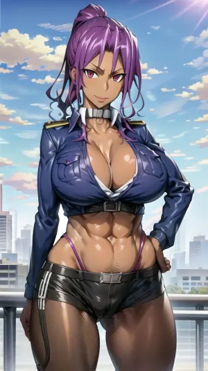 The picture was of a beautiful woman with a huge bust and long, flowing hair. She was wearing a military uniform and standing in front of a giant painting of herself. Her lipstick was perfectly applied, her makeup flawless, and her cleavage was