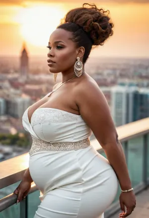 A 40-year-old African woman with a hyper fat BBW midriff, hyper thick thighs and tummy, floppy breast is wearing a windy wind lift dress that flows down to her ankles. Her big earrings are sparkling