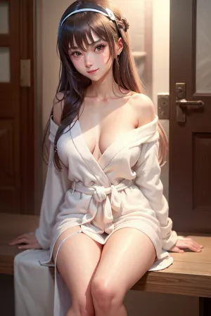 naked bathrobe, 1girl, solo, white hairband, breasts, long hair, red eyes, hairband, sitting, kasumigaoka utaha, looking at viewer, black hair, collarbone, off shoulder, bangs, blush, smile, long sleeves, cleavage, parted lips, hand on own chest, hair between eyes, single bare shoulder, very long hair, medium breasts, bare shoulders, thighs, feet out of frame, large breasts, sidelocks, <lora:NakedBathrobeV1:1>