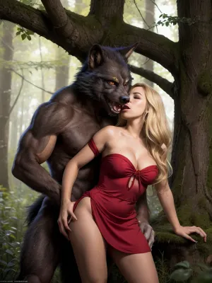 1girl, werewolf with a dick, forest, couple, red riding hood, blonde hair, dress, size difference, masterpiece, best quality, highly detailed, <lora:werewolf_v0.2:1>, <lora:DDhjk_v2:.5>