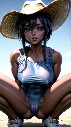 그녀의 맞는 운동 몸과 밝은 파란색 눈을 가진 카우보이 소녀는 그녀의 ranch 작업에서 휴식을 취했습니다. 그녀는 그녀의 몸의 곡선을 보여 섹시한 의상에있었습니다. 그녀의 틈새의 개요를 놓치지 않도록하십시오