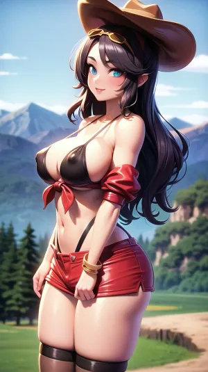 완벽한 눈과 pixie 커트를 가진 카우보이 소녀는, 마이크로 비키니, suspenders를 착용하고, suspenders는 거울에 있는 그림을 가지고 갔습니다. 그녀는 그녀의 셔츠를 통해 볼 수있는 어두운 니트풀을했다. 그녀의 hairband
