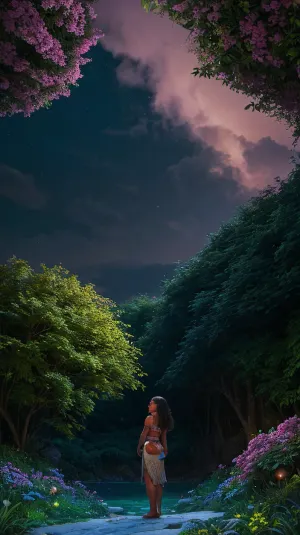 Moana是一幅令人惊艳的摄影现实主义数码艺术照片, 画中描绘了美丽的深色粉红色,与面条颜色形成对比,在整个背景中闪烁着闪烁的火花. 瀑布的瀑布